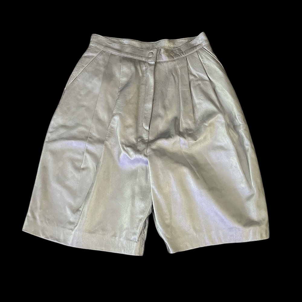 Julian K. Vintage High-Waist pleated Metallic silver Leather Bermuda Shorts